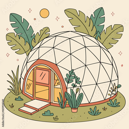 Illustration of a geodesic dome home, with tropical foliage. The image is colorful and stylized, perfect for a website or graphic design project.

