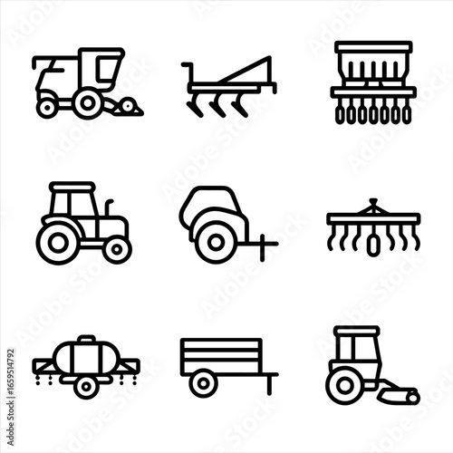 Farm Machinery Icons. Outline icon set of field machinery: combine harvester, plow, tractor, seed drill, baler, cultivator,