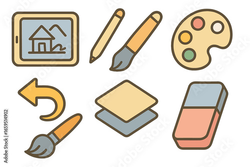 Creative Digital Tools. Flat vector mini-illustrations digital doodling in colors children's illustrations: