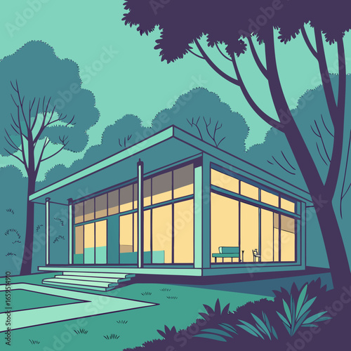 Stylized illustration of a modern glass house with a flat roof. The home is surrounded by trees and manicured lawns, creating a serene scene.


