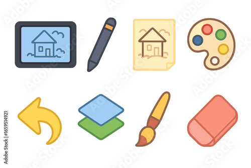 Creative Digital Tools. Flat vector mini-illustrations digital doodling in colors children's illustrations: