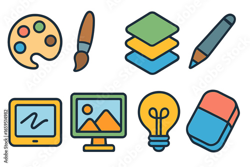 Creative Illustration Tools. Flat vector mini-illustrations creative workflow digitally in colors children's