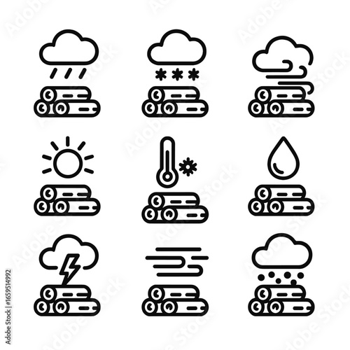 Firewood Weather Icons. Outline icon set of firewood related weather conditions: rain, snow, wind, sun, frost, dew, storm, fog,