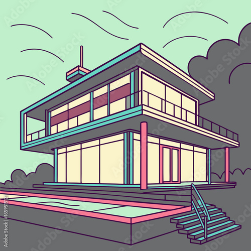 A modern house with a pool is rendered in a cartoonish style with mint, pink, and purple hues. It is one of many similar images on the page used in conjunction with AI tooling.

