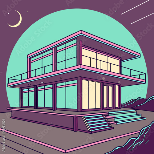 Illustration of a modern building with floor to ceiling windows set against a purple night sky, likely AI generated content. "keyword ChatGpt" is overlayed on the image in the screenshot.

