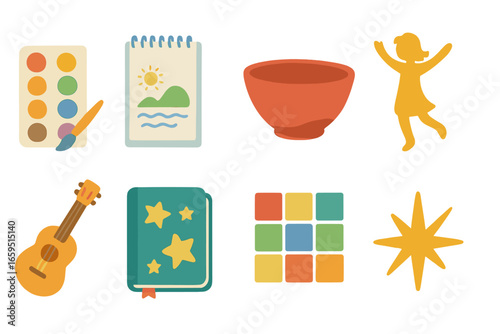 Creative Therapy Icons. Flat vector mini-illustrations Creative therapy retreats in colors children's