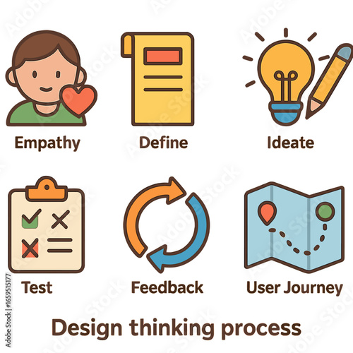 Creative Thinking Icons. Flat vector mini-illustrations design thinking process in colors children's