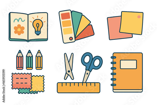 Creative Toolkit Icons. Flat vector mini-illustrations creative brainstorming in colors children's