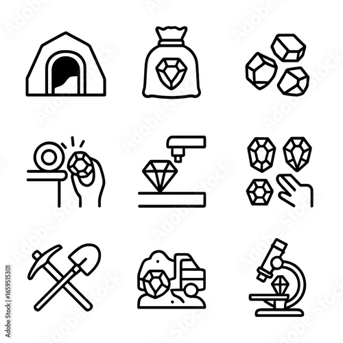 Garnet Mining Icon Set. Outline icon set of garnet mining and processing: garnet mine, gemstone bag, raw garnet stones, gemstone