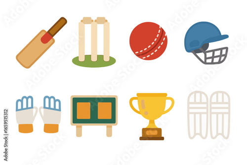 Cricket Match Icons. Flat vector mini-illustrations cricket match in colors children's illustrations: cricket