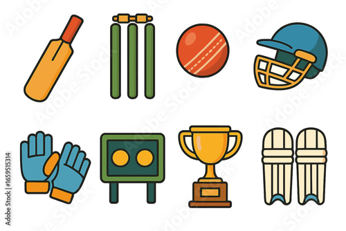 Cricket Match Icons. Flat vector mini-illustrations cricket match in colors children's illustrations: cricket