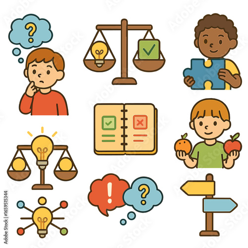 Critical Thinking Icons. Flat vector mini-illustrations critical thinking in colors children's illustrations: