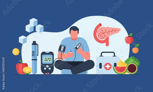 Illustration Of Doctor Monitoring Glucose Level With Fruits And Medical Devices, Suitable For Health Campaigns, Diabetes Prevention, And Education