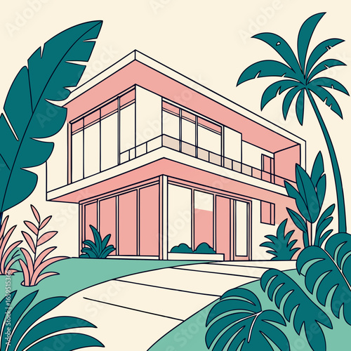 Illustration of a modern, angular home with tropical plants in the foreground. The house has a pink trim and many large windows.

