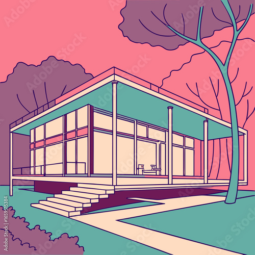 A stylized, digital illustration of a mid-century modern house with flat roof and large glass windows, set against a backdrop of trees. Its design emphasizes clean lines and open space.

