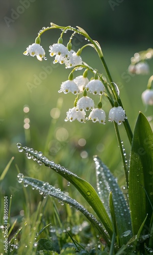 Delicate white lily of the valley flowers glistening with morning dew