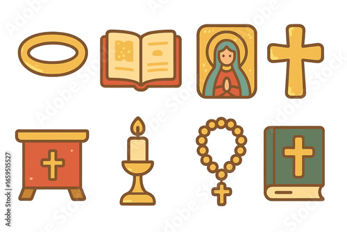 Golden Religious Icons. Flat vector mini-illustrations gold leaf in religious art in colors children's illustrations: gold leaf