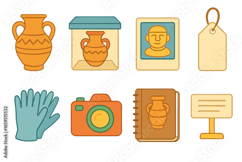 Cultural Artifact Icons. Flat vector mini-illustrations archiving cultural artifacts in colors children's