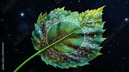 A single green leaf with intricate mandala designs against a dark starry night sky background scene