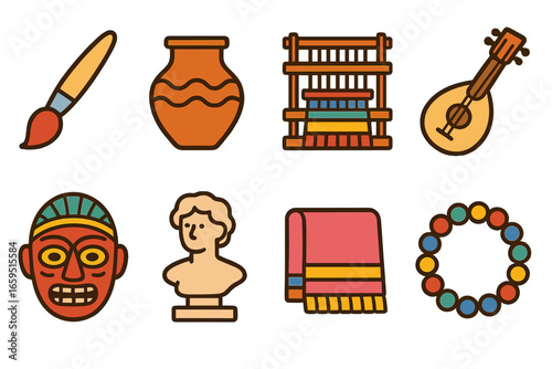 Cultural Crafts Icons. Flat vector mini-illustrations Cultural crafts and arts in colors children's
