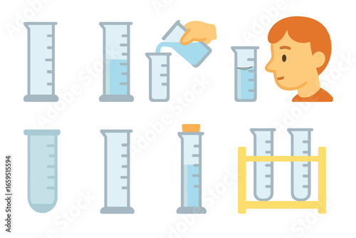 Graduated Cylinder Illustrations. Flat vector mini-illustrations graduated cylinder basics in colors children's illustrations: