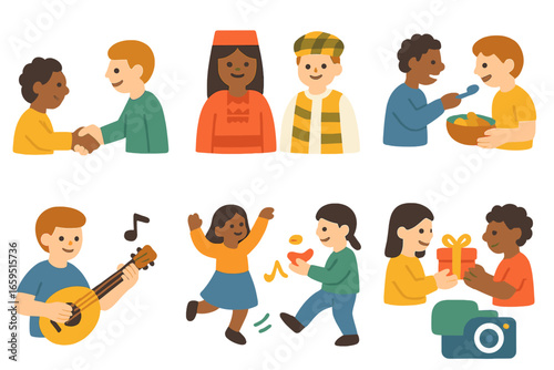 Cultural Exchange Icons. Flat vector mini-illustrations Cultural exchange moments in colors children's