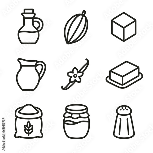 Hazelnut Ingredient Icons. Outline icon set of hazelnut culinary ingredients: hazelnut oil bottle, cocoa bean, sugar cube, milk
