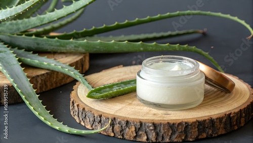 Natural aloe vera gel in a jar with fresh plant leaves