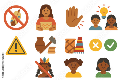 Cultural Sensitivity Icons. Flat vector mini-illustrations Avoiding Cultural Appropriation in colors