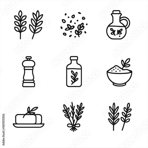 Herbal Icon Set. Outline icon set of herbal cooking ingredients: fresh herbs, dried herbs, herbal oil, spice grinder, herb-infused