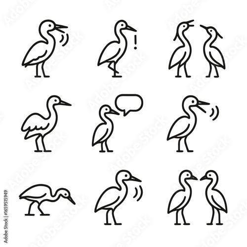 Heron Sounds Icons. Outline icon set of heron sounds and calls: croak, alarm call, mating call, territorial call, communication,
