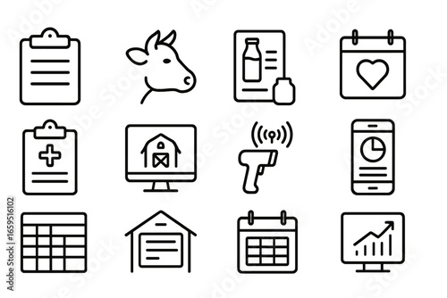 Dairy Farm Icons. Outline vector icons of dairy farm recordkeeping: clipboard, cow profile, milk yield log,