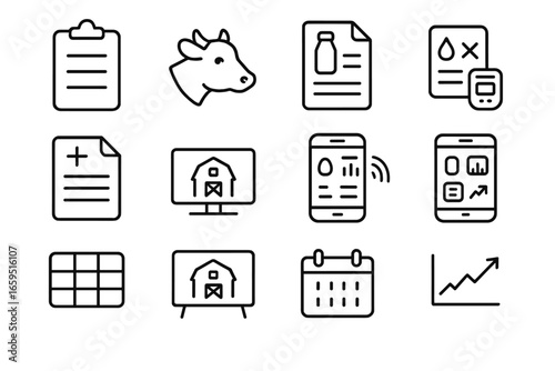 Dairy Farm Icons. Outline vector icons of dairy farm recordkeeping: clipboard, cow profile, milk yield log,