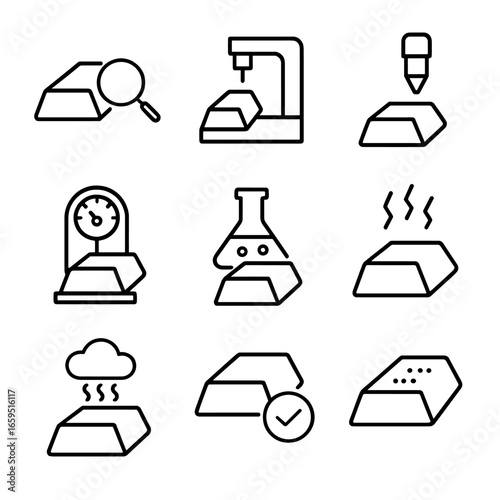 Ingot Quality Control Icons. Outline icon set of ingot quality control: inspection, metal testing, hardness test, purity analysis,