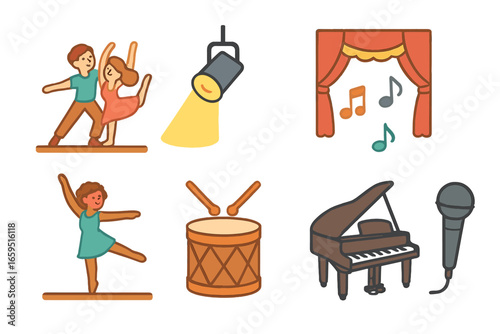 Dance Performance Icons. Flat vector mini-illustrations Contemporary dance performance in colors children's