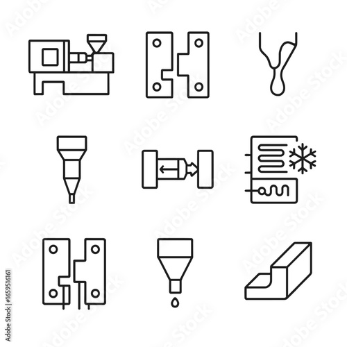 Injection Molding Icons. Outline icon set of injection molding process: injection machine, mold cavity, molten plastic, injection