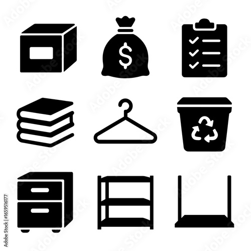 Decluttering Essentials Icons. Solid, filled icons set of decluttering essentials: labeled box, donation bag,
