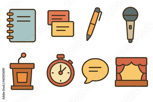Debate Prep Tools. Flat vector mini-illustrations Debate preparation tools in colors children's illustrations: