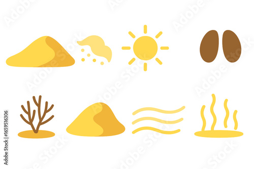 Desert Adventure Icons. Flat vector mini-illustrations Sand dune biome in colors children's illustrations: