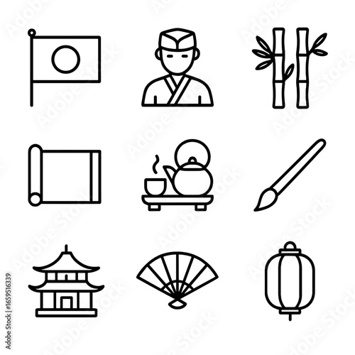 Japanese Wasabi Icons. Outline icon set of wasabi history and culture: Japanese flag, traditional sushi chef, bamboo forest,