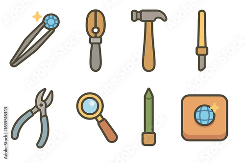 Jewelry Tools Grid. Flat vector mini-illustrations prong tools in colors children's illustrations: gem tweezers, ring clamp, mini