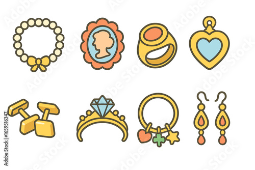 Jewelry Icons Grid. Flat vector mini-illustrations classic jewelry in colors children's illustrations: pearl necklace, cameo