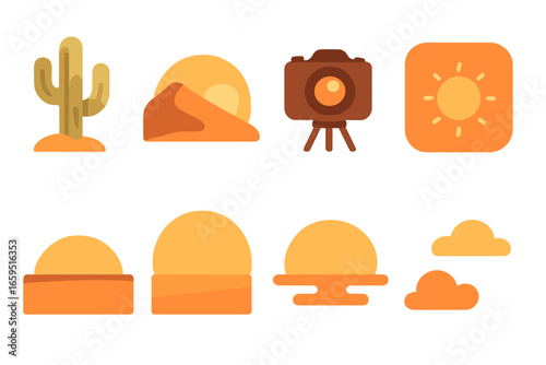 Desert Sunset Icons. Flat vector mini-illustrations Desert sunset scenes in colors children's illustrations: