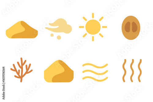 Desert Adventure Icons. Flat vector mini-illustrations Sand dune biome in colors children's illustrations: