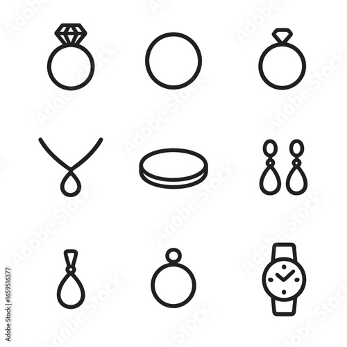 Jewelry Icons Grid. Outline icon set of jewelry types: engagement ring, wedding band, solitaire, necklace, bracelet, earrings,