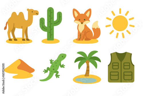 Desert Wildlife Icons. Flat vector mini-illustrations Desert wildlife conservation in colors children's