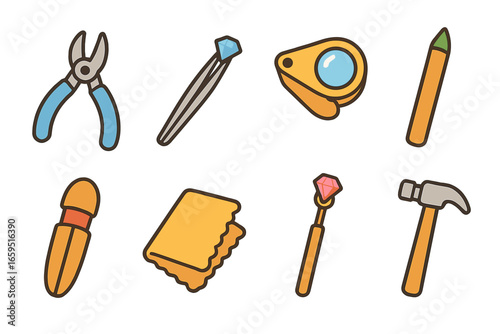 Jewelry Tools Icons. Flat vector mini-illustrations jewelry setting tools in colors children's illustrations: setting pliers, gem