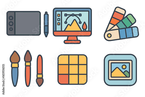 Digital Art Icons. Flat vector mini-illustrations Modern digital art tools in colors children's illustrations: