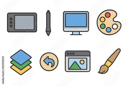 Digital Art Tools. Flat vector mini-illustrations drawing digitally in colors children's illustrations: