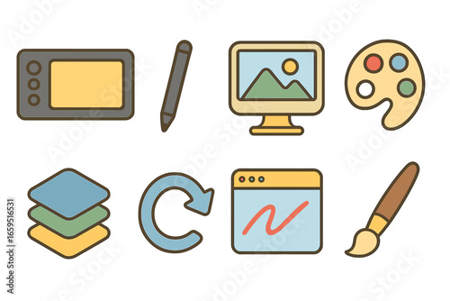 Digital Art Tools. Flat vector mini-illustrations drawing digitally in colors children's illustrations: